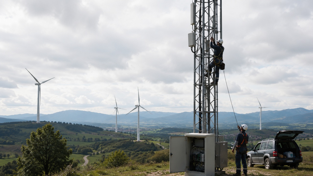 Technicians maintaining a communications tower