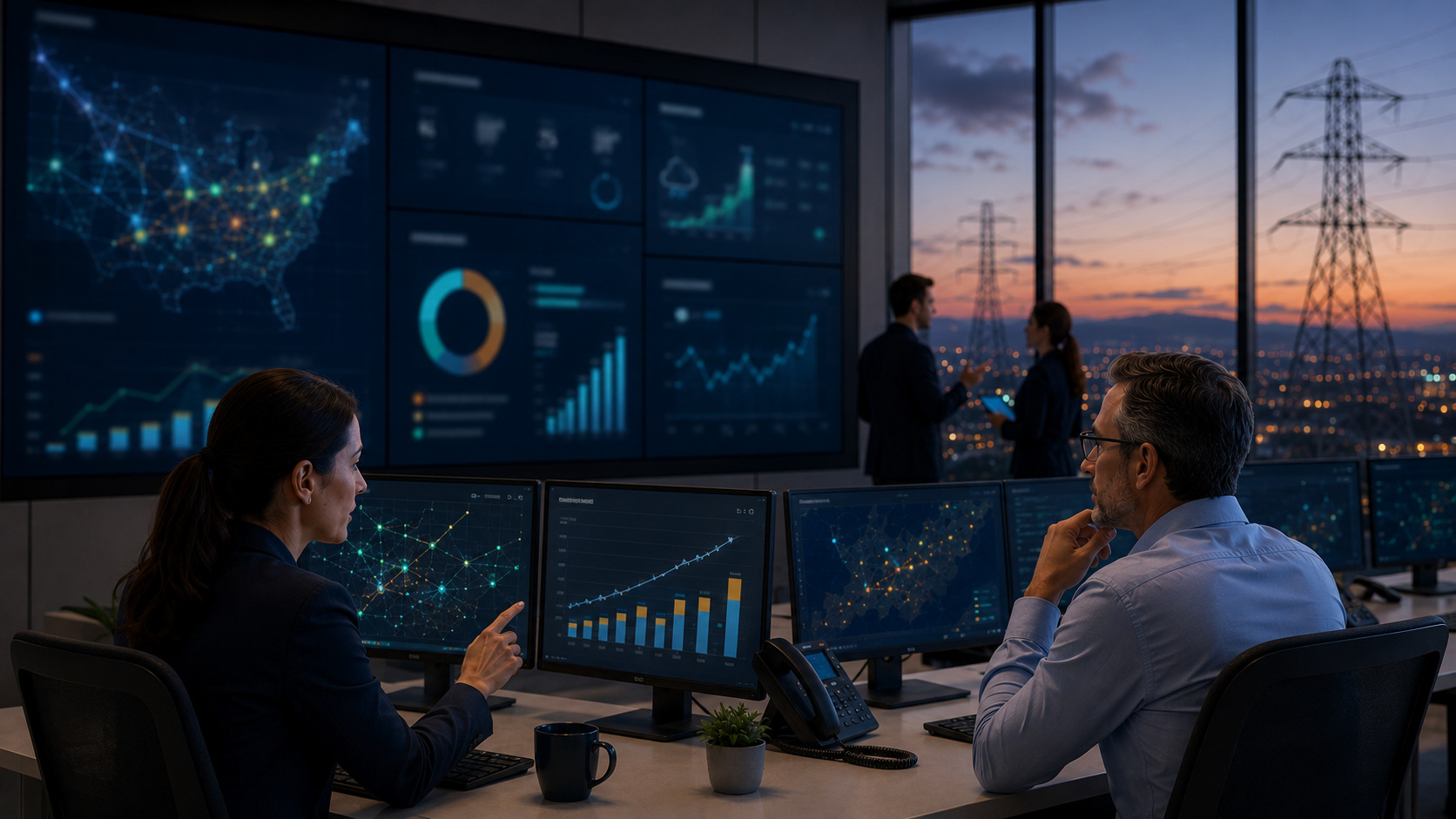 Professionals monitor and coordinate electricity grid operations from a modern control center with large analytical dashboards