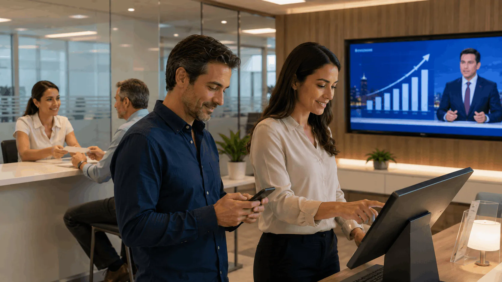 Customers interact with digital self-service tools in a modern electricity provider service centre while staff provide in-person support