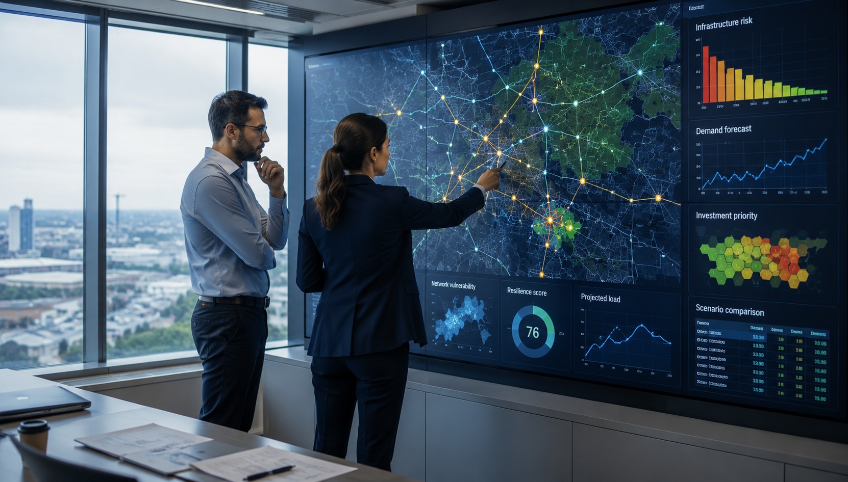 Utility planning team using integrated territorial data and infrastructure analytics to anticipate risk, prioritize capital investment and strengthen network resilience