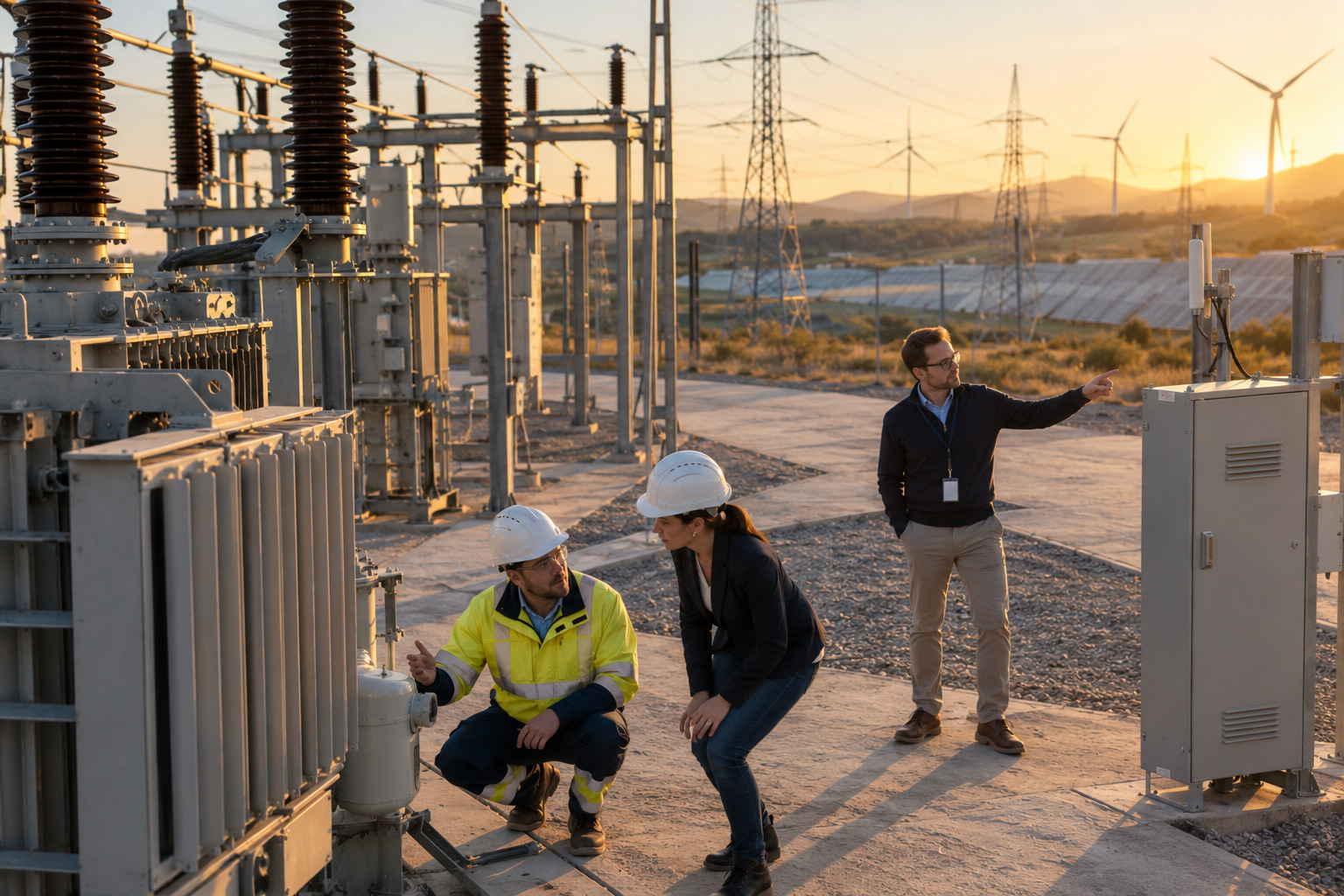 Three utility professionals walk through a high-voltage transmission substation integrated into a landscape of power lines, wind turbines and solar panels at golden hour, symbolising a resilient and connected energy ecosystem.