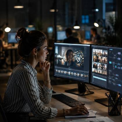 Media professional using AI and unified audience data to personalize content and optimize digital customer journeys