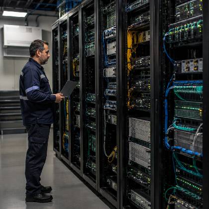 Telecom engineer monitoring data center infrastructure for predictive and prescriptive network operations