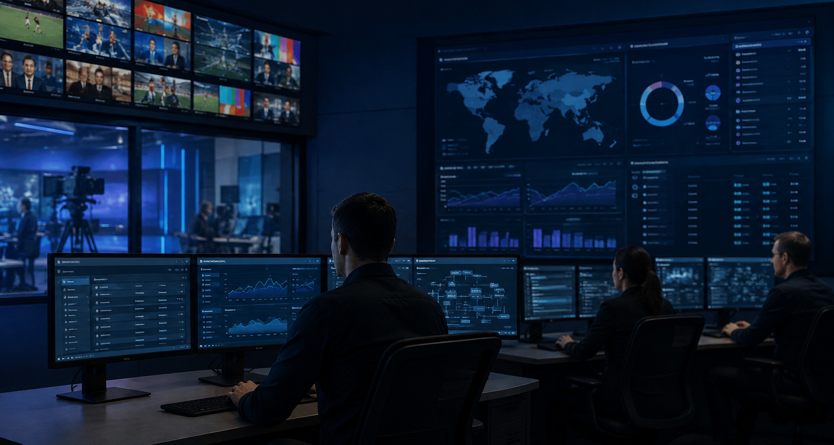 Media operations professionals monitoring performance in a modern control center, with digital dashboards in the background