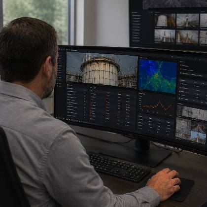 Industrial maintenance specialist using a centralized dashboard to track corrosion alerts, inspection history and visual evidence