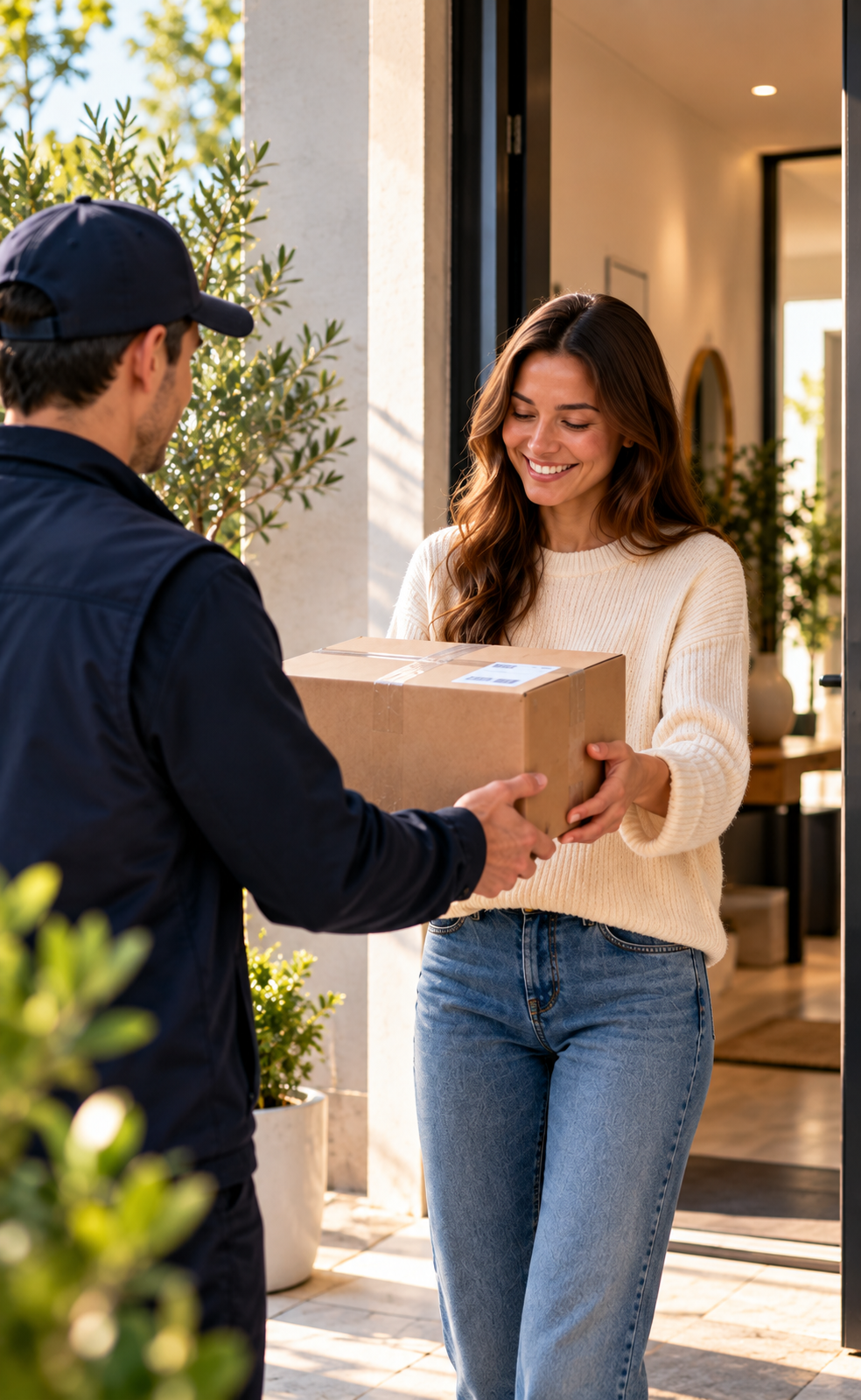 A delivery worker in a navy cap hands a cardboard parcel to a smiling woman in a cream sweater at a sunny home doorway.