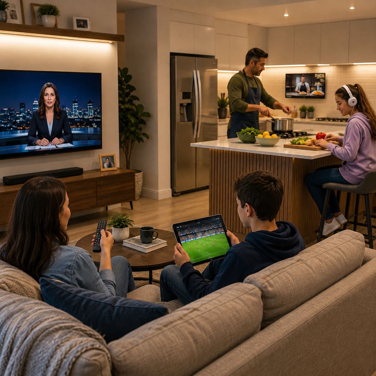 Family members engage with TV and streaming content across multiple devices in a connected home, illustrating a unified 360-degree audience view across digital platforms.
