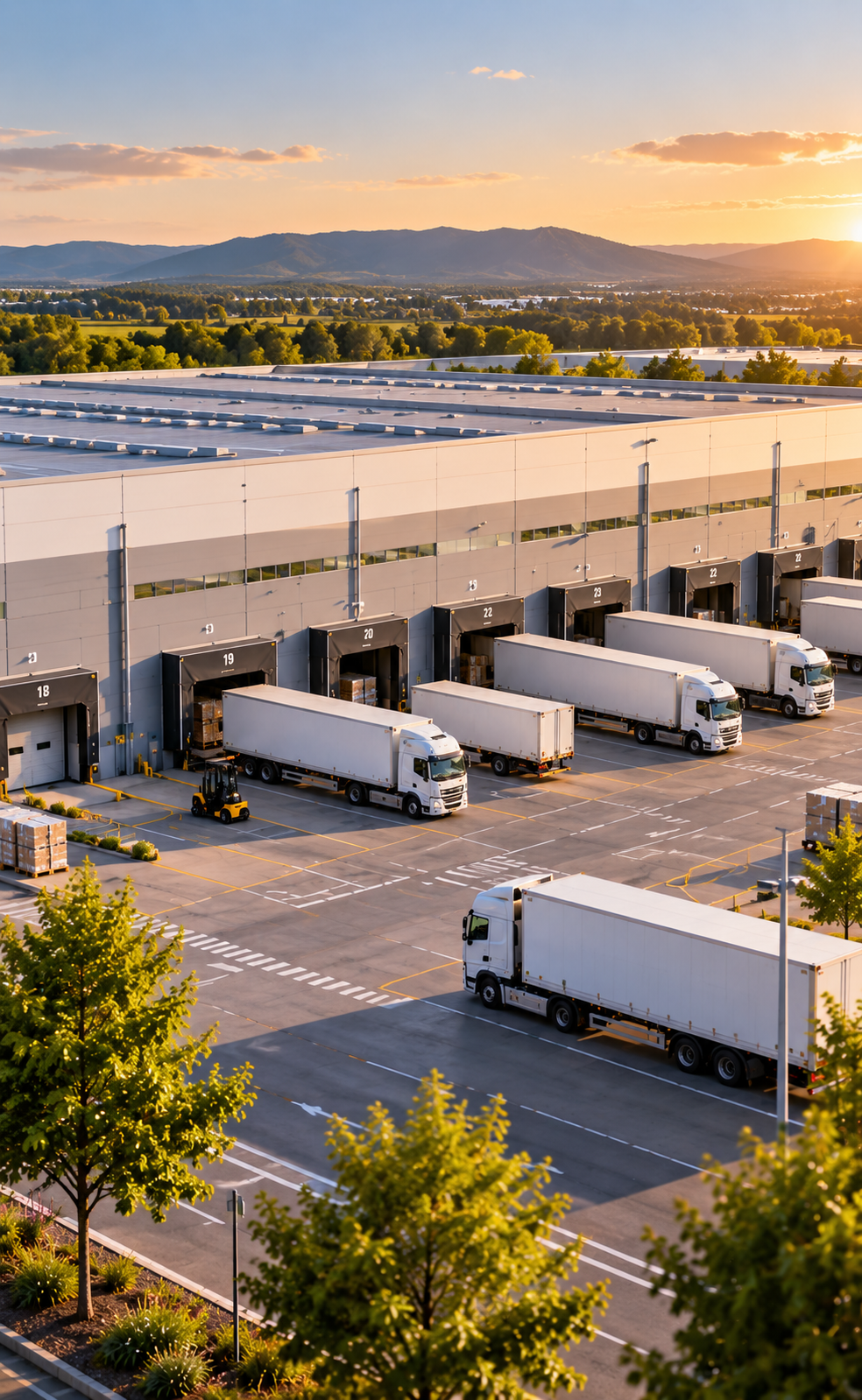 Large warehouse loading dock at sunset with white semi-trucks parked at numbered bays, pallets, a forklift, tree-lined lot, and mountains in the distance.