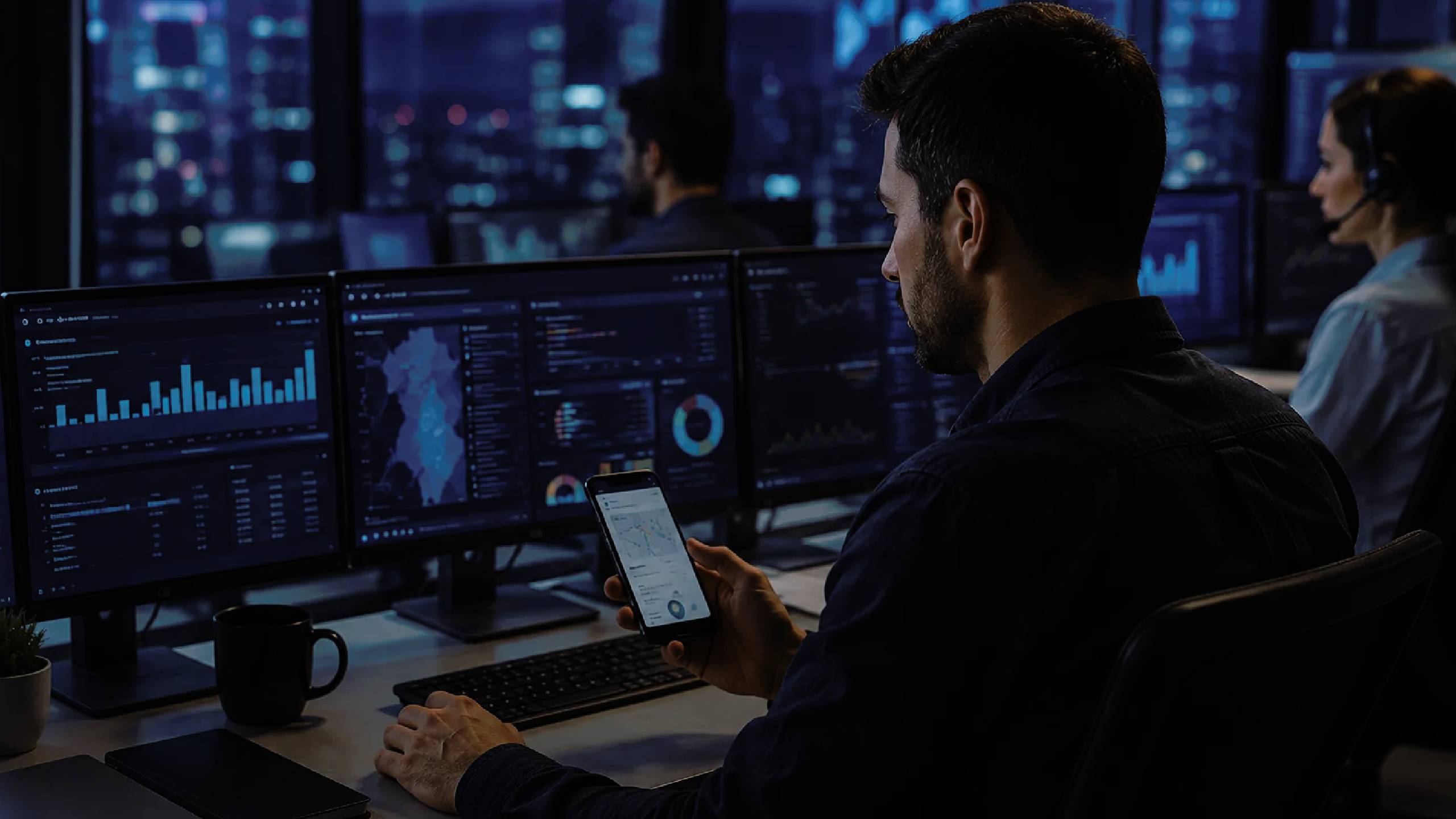 Utility operations team monitoring distributed intelligence and unified networks for future-ready autonomous grid operations
