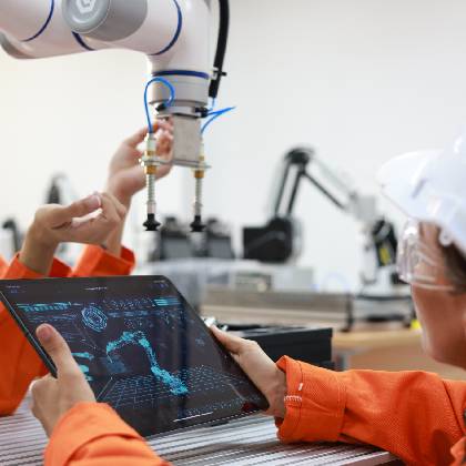 Technicians configuring robotic inspection models to support new kit configurations and evolving operations