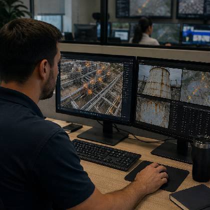 Industrial monitoring specialist analyzing corrosion severity and location from aerial inspection data