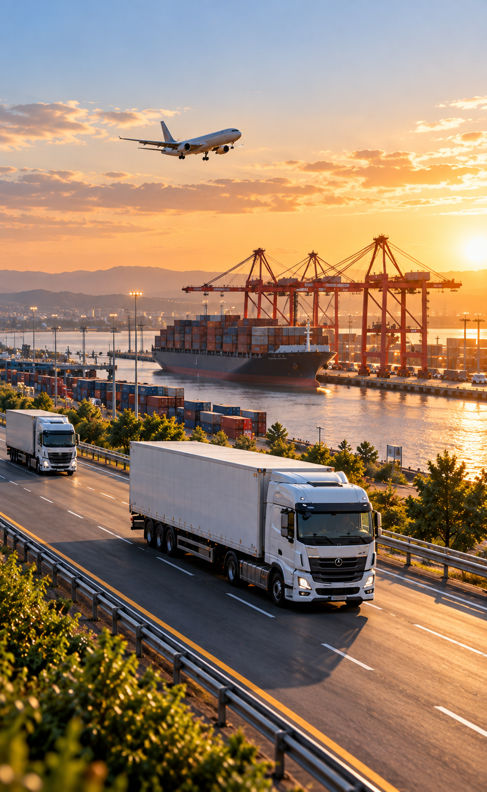 White freight trucks drive on a highway beside a busy container port with cranes and a cargo ship, while a plane flies overhead at golden sunset.