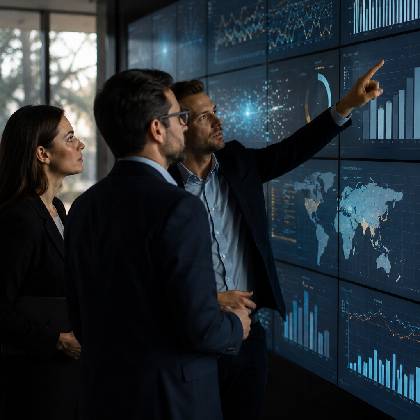 Business team analyzing audience data dashboards to support trusted marketing and customer experience decisions