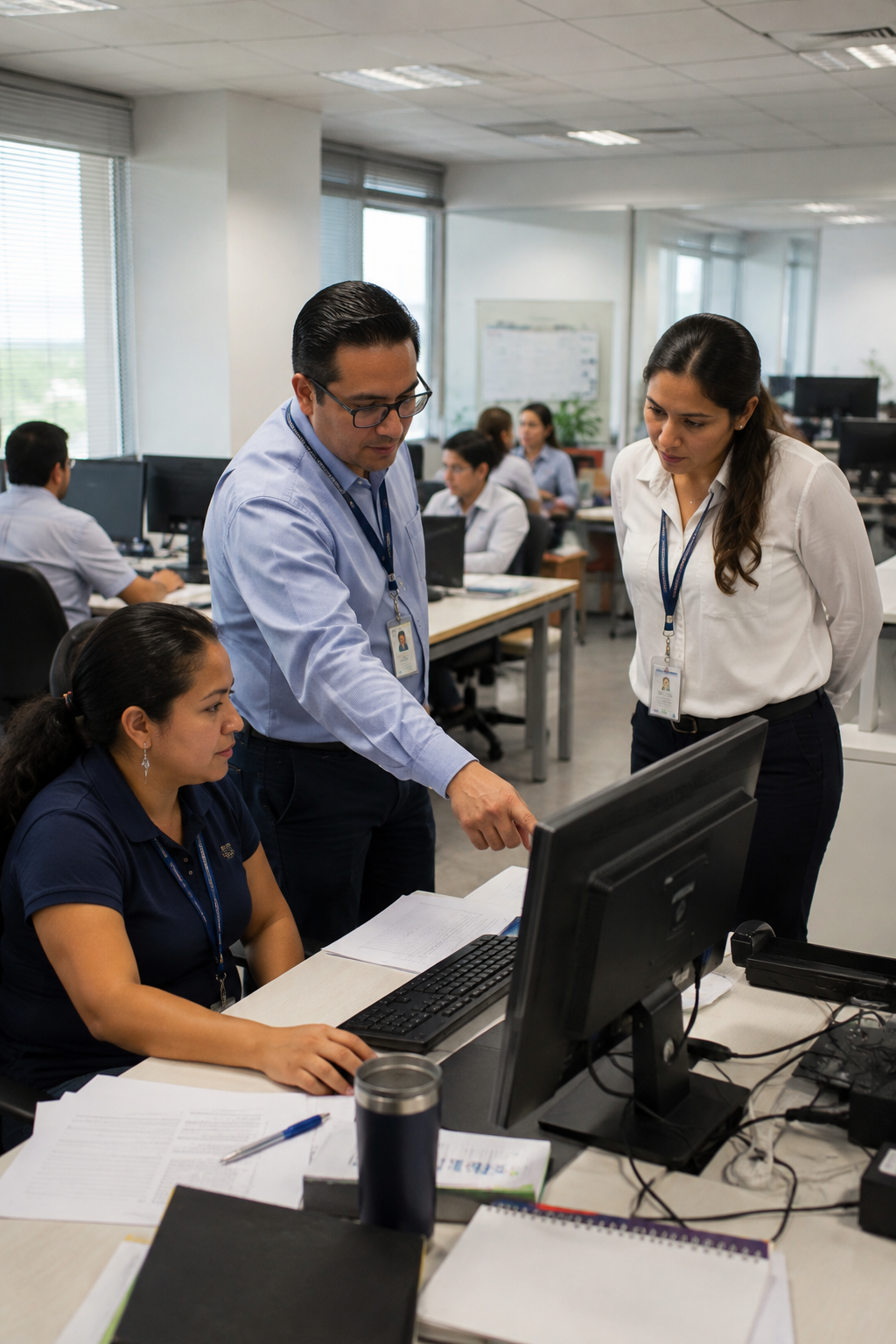 Operations team collaborating on knowledge transfer and service transition, ensuring business continuity and preserving critical expertise during workforce transformation
