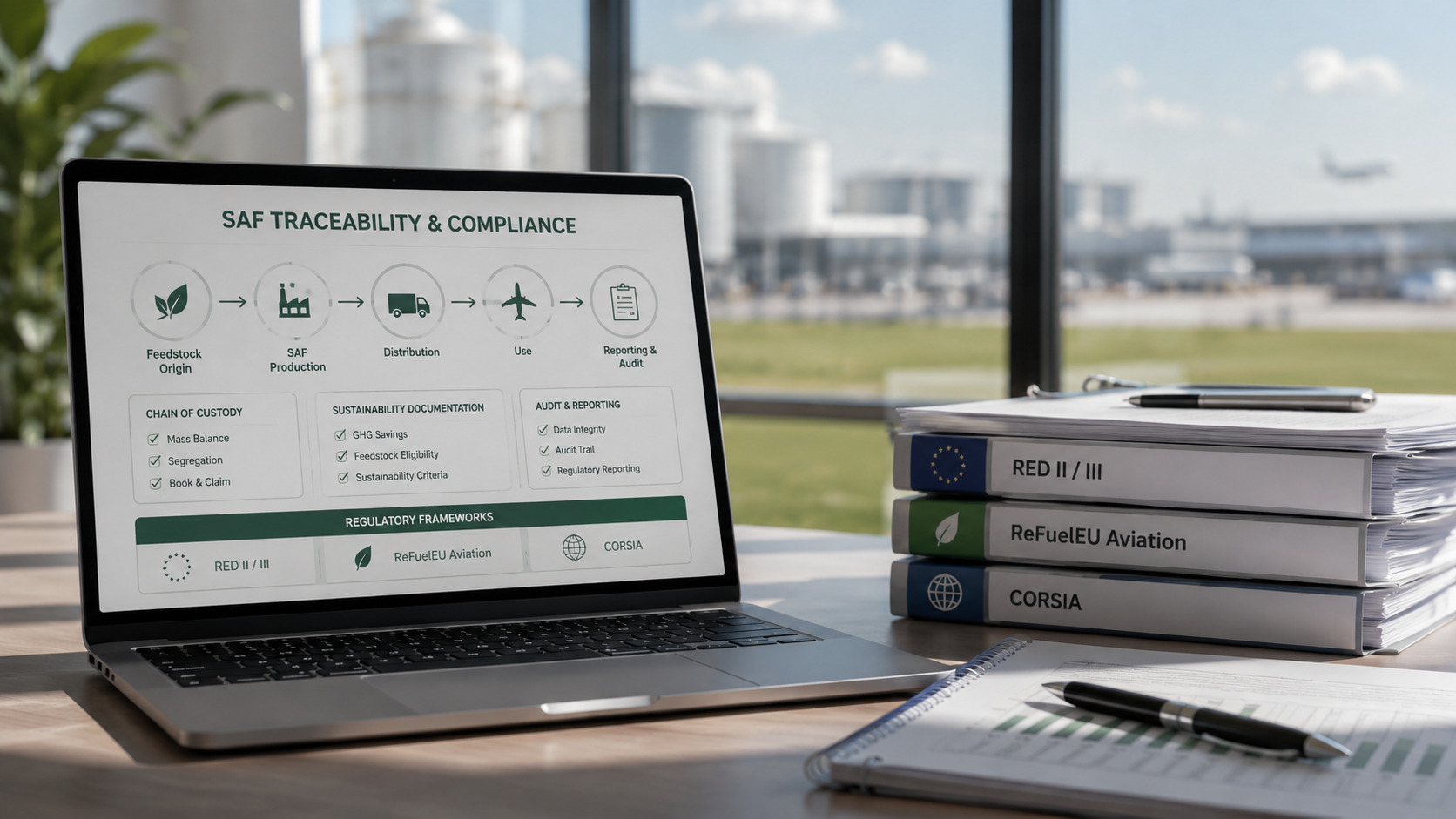 Digital SAF Chain of Custody workflow showing sustainability documentation and traceability from feedstock origin through production, distribution and regulatory reporting.