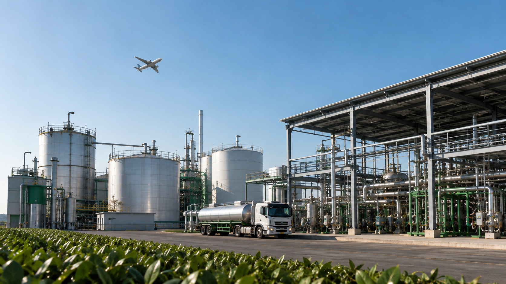 Modern SAF production facility connecting sustainable feedstocks, fuel processing and distribution, representing integrated digital traceability across the sustainable aviation fuel value chain