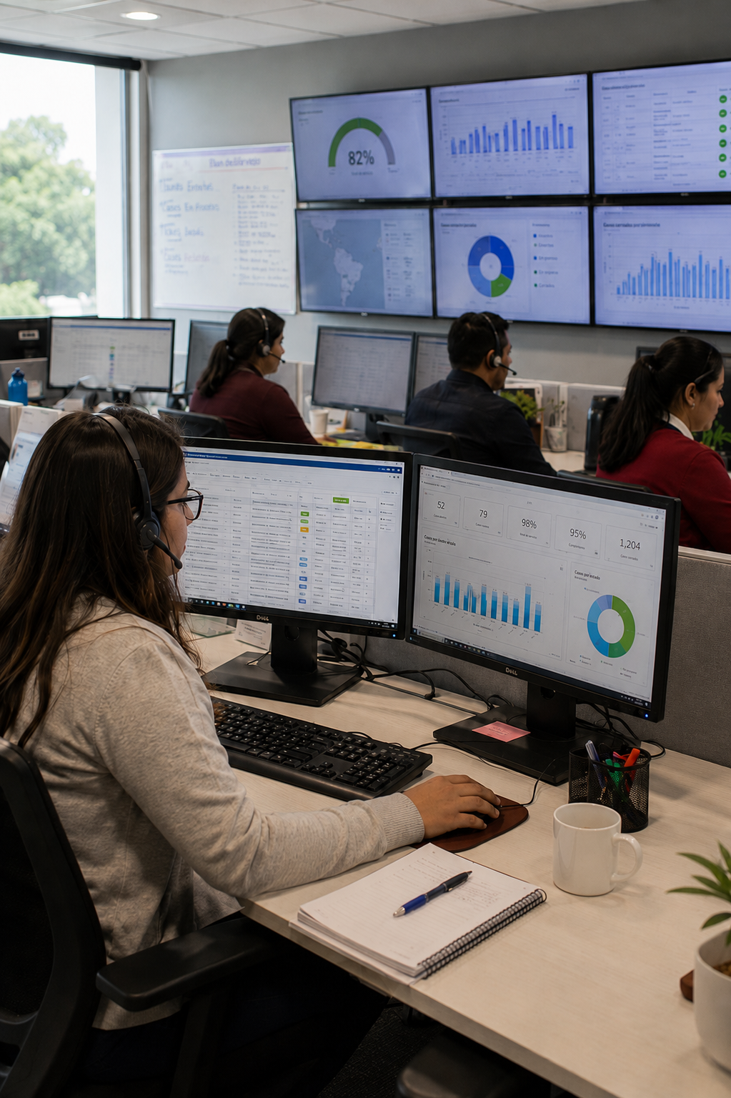 Remote operations team monitoring analyst productivity, service level agreements and workload capacity to optimize task assignment and improve service delivery