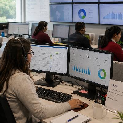 Remote operations team monitoring analyst productivity, service level agreements and workload capacity to optimize task assignment and improve service delivery