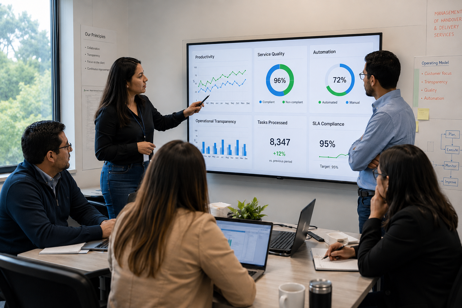 Operations leaders reviewing productivity, service quality, SLA compliance and automation metrics to strengthen operational transparency and service-oriented delivery