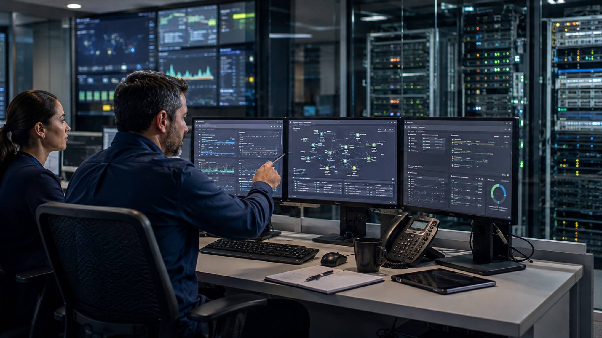Telecom network operations team monitoring real-time analytics for faster network assurance and operational efficiency