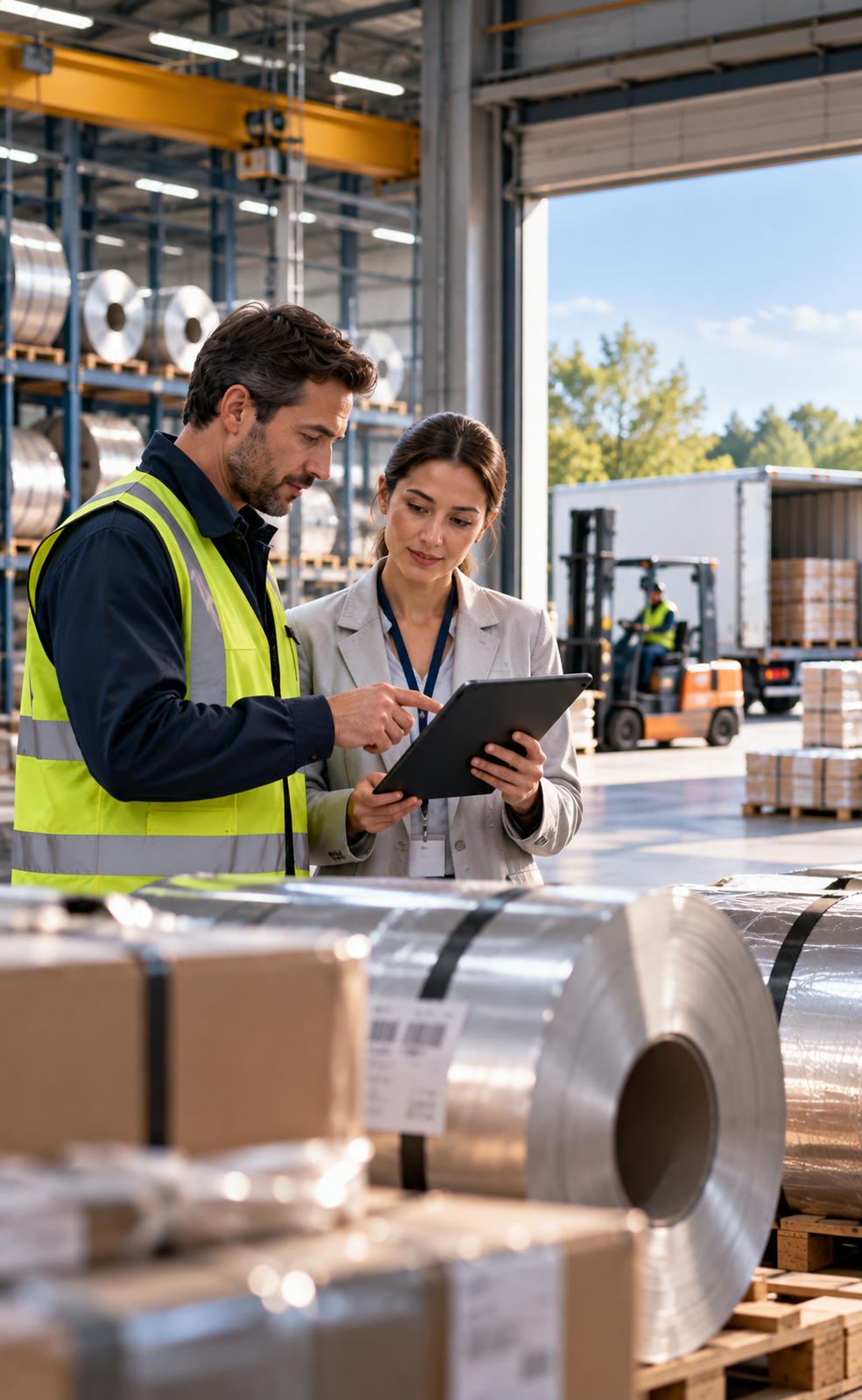 Two warehouse workers review a tablet beside metal coils and pallets, with a forklift loading a truck in the open warehouse doorway.