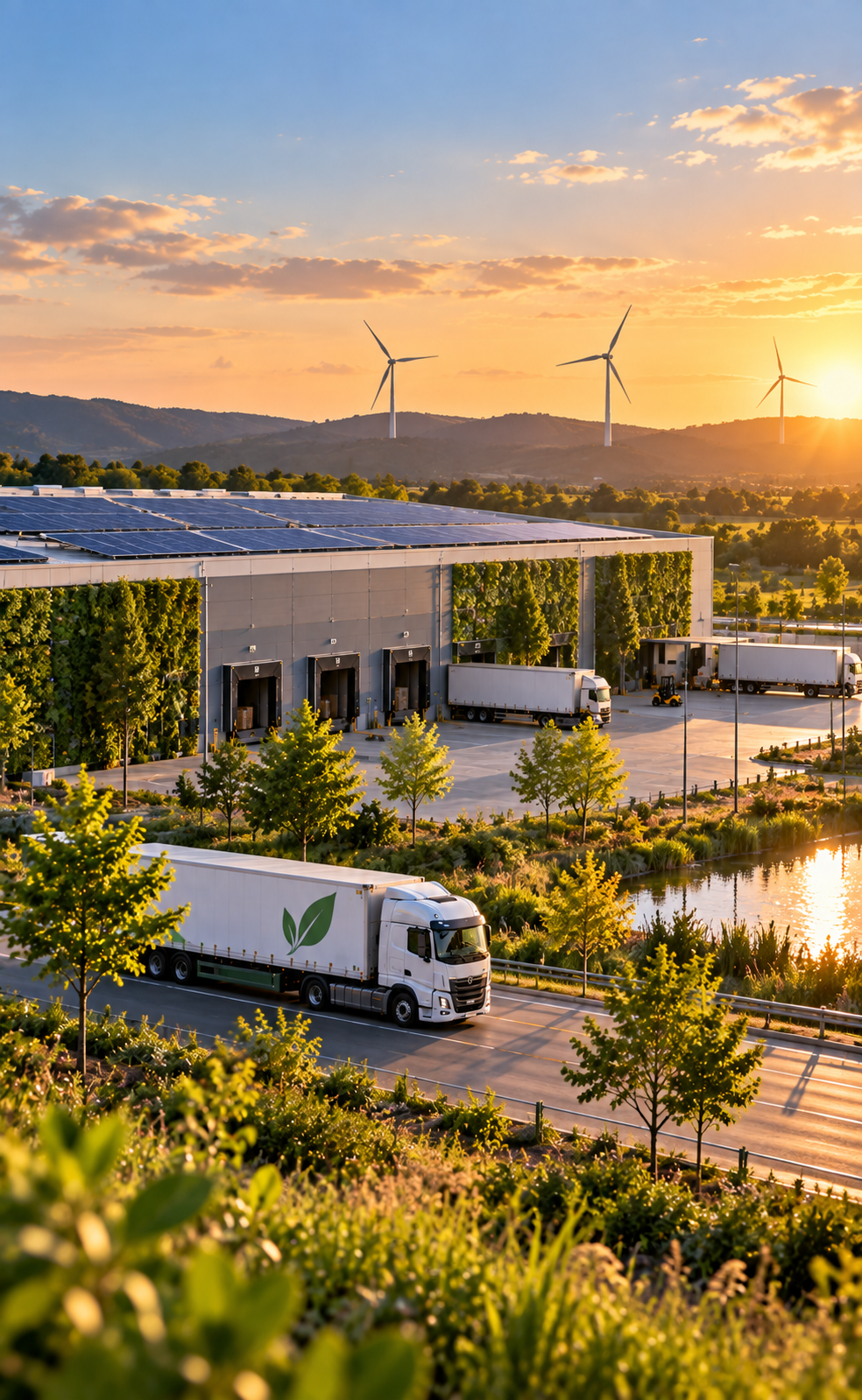 Modern warehouse with rooftop solar panels and green walls, trucks at loading docks, and wind turbines on hills behind it at golden sunset.
