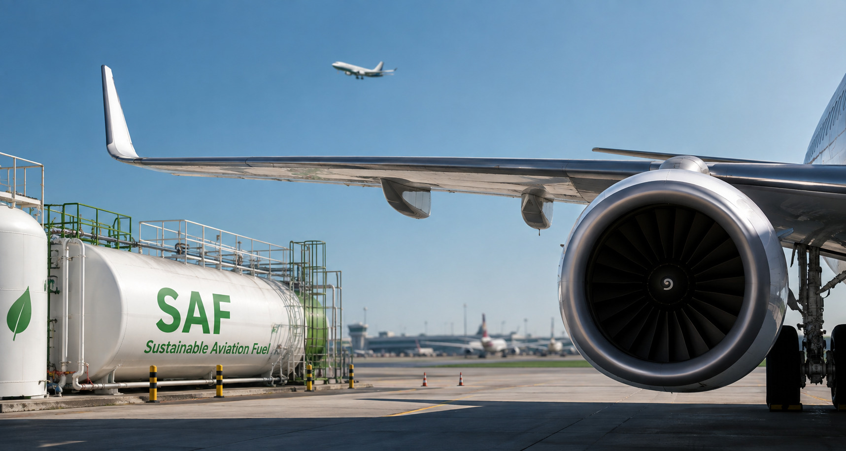 Commercial aircraft alongside Sustainable Aviation Fuel (SAF) storage facilities at an airport, representing the transition toward more sustainable, lower-carbon aviation.