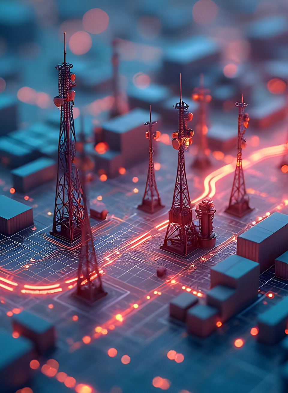 Telco-to-TechCo transformation with connected telecom towers and digital data flows, representing modern network infrastructure, AI and open technology platforms