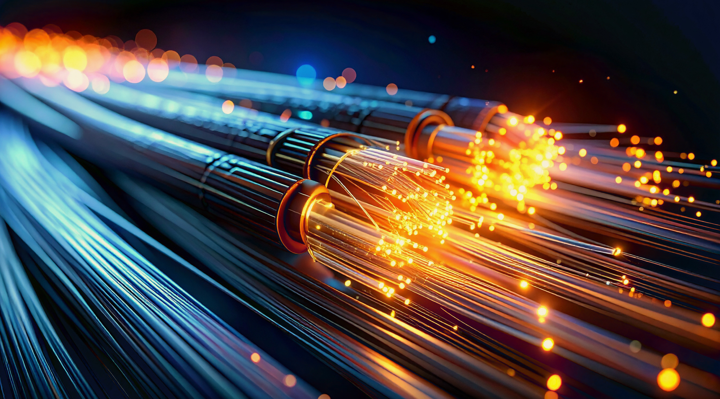 Fiber optic network representing AI-powered telecom connectivity, intelligent infrastructure and programmable networks for next-generation digital services