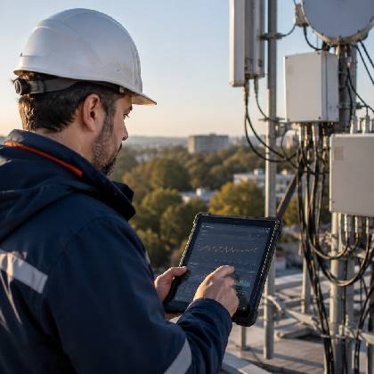 Telecom field technician using a tablet to monitor network automation and operational performance