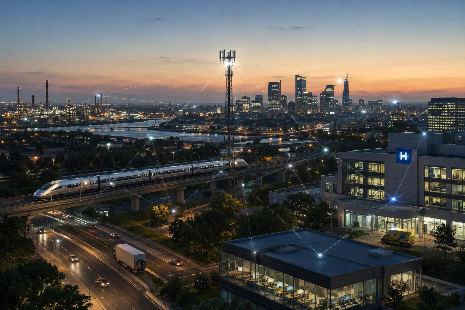 Photorealistic cityscape at dusk showing connected telecommunications infrastructure linking 5G, transportation, industry, healthcare, offices, and urban services, with subtle network lines and nodes illustrating seamless digital connectivity