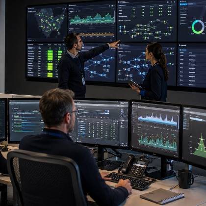 Telecom operations team using AI-powered network monitoring for predictive insights and automated operations