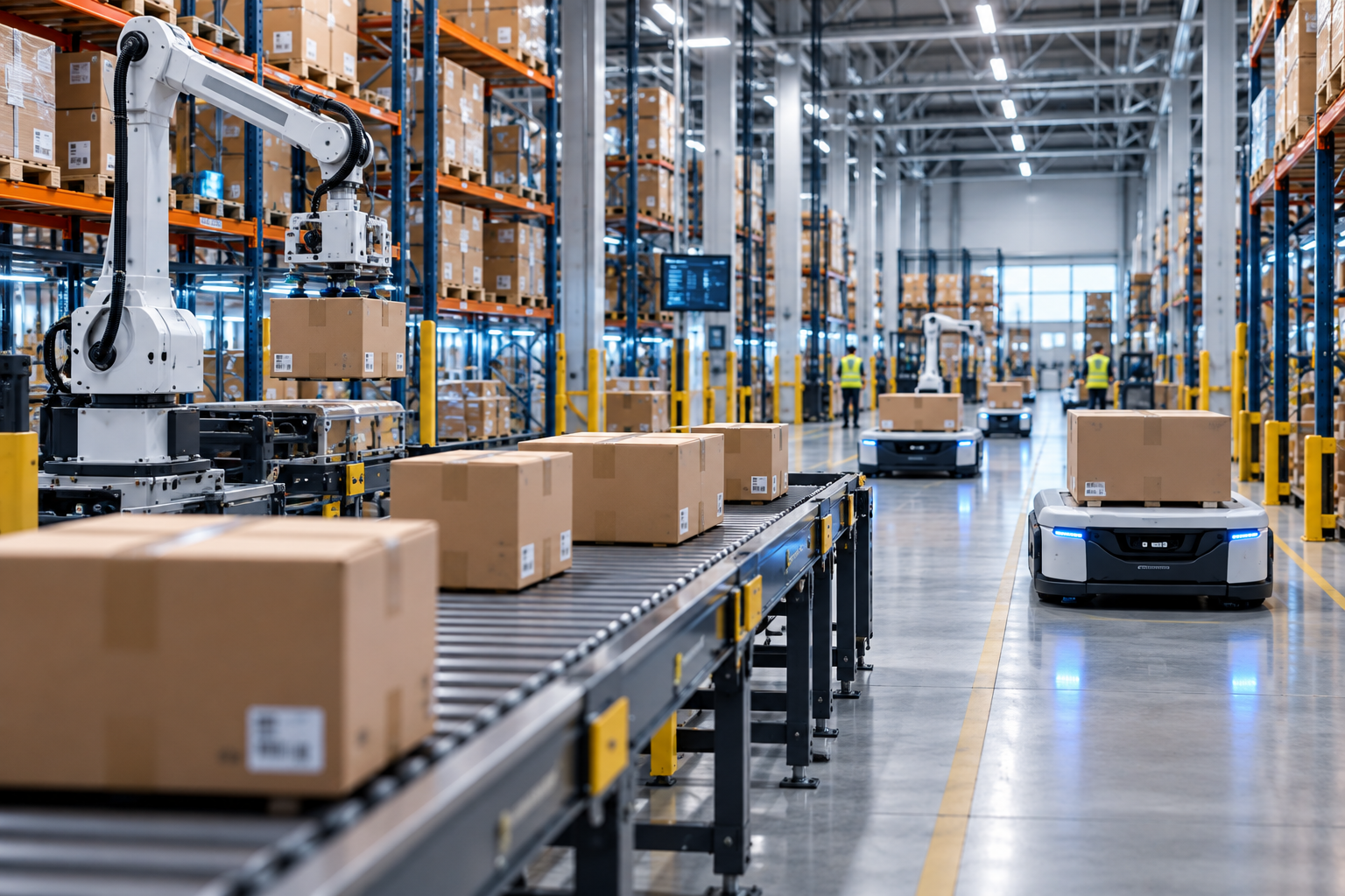 Automated warehouse with a robotic arm lifting a cardboard box from a conveyor, autonomous carts carrying boxes, tall storage racks, and workers in yellow vests.