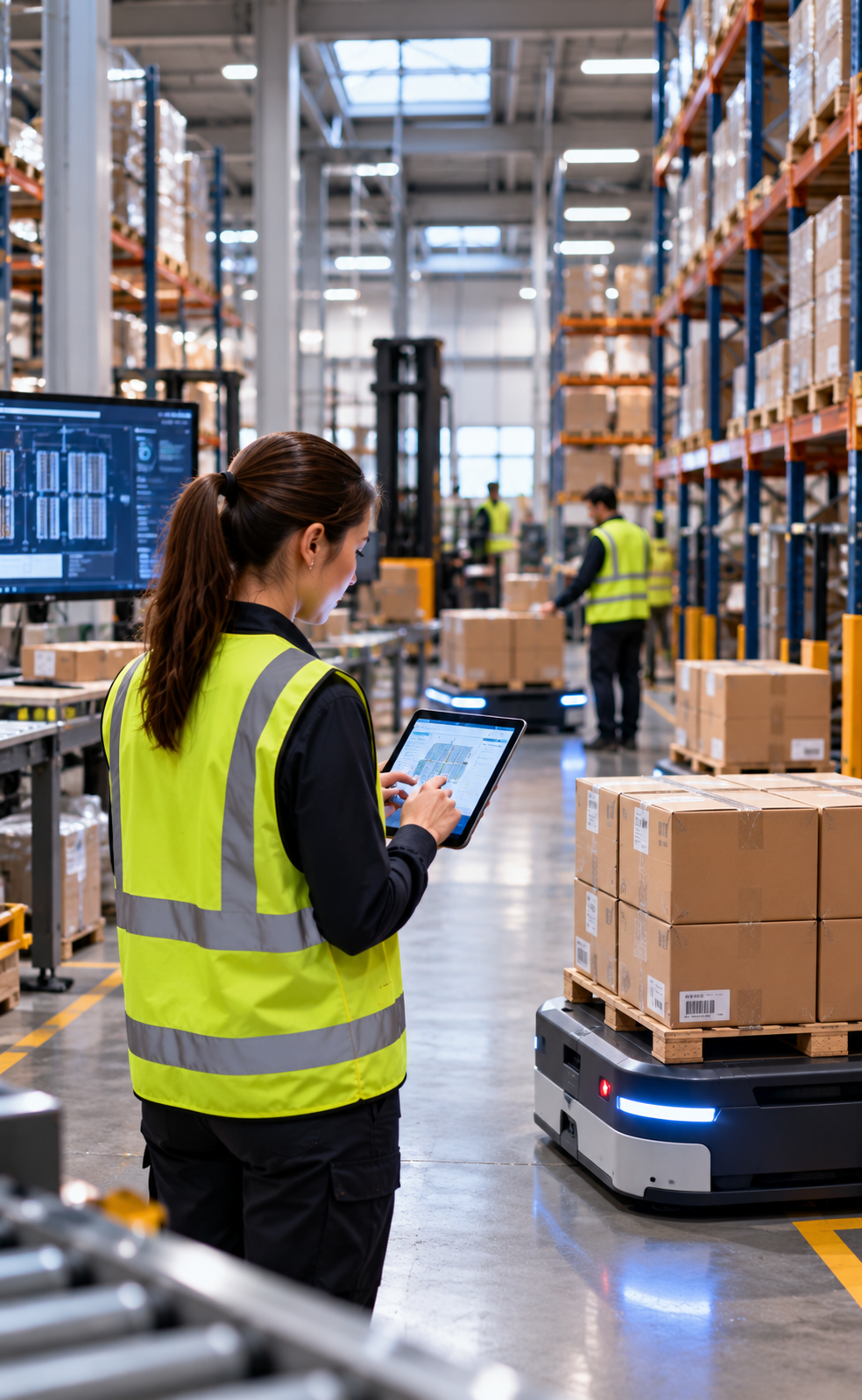 Warehouse worker in a high-visibility vest uses a tablet beside autonomous carts carrying boxed pallets, with tall racks, conveyor screens, and other staff in the aisle.