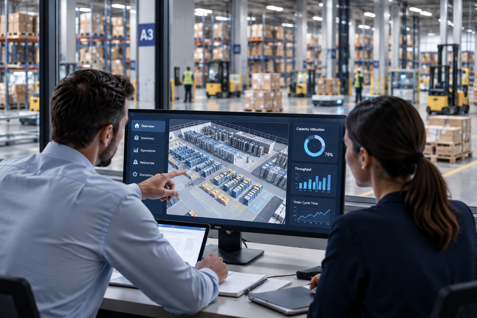 Two professionals view a warehouse management dashboard with 3D storage layout and charts, seated before a glass-walled warehouse with pallet racks, forklifts, and workers.