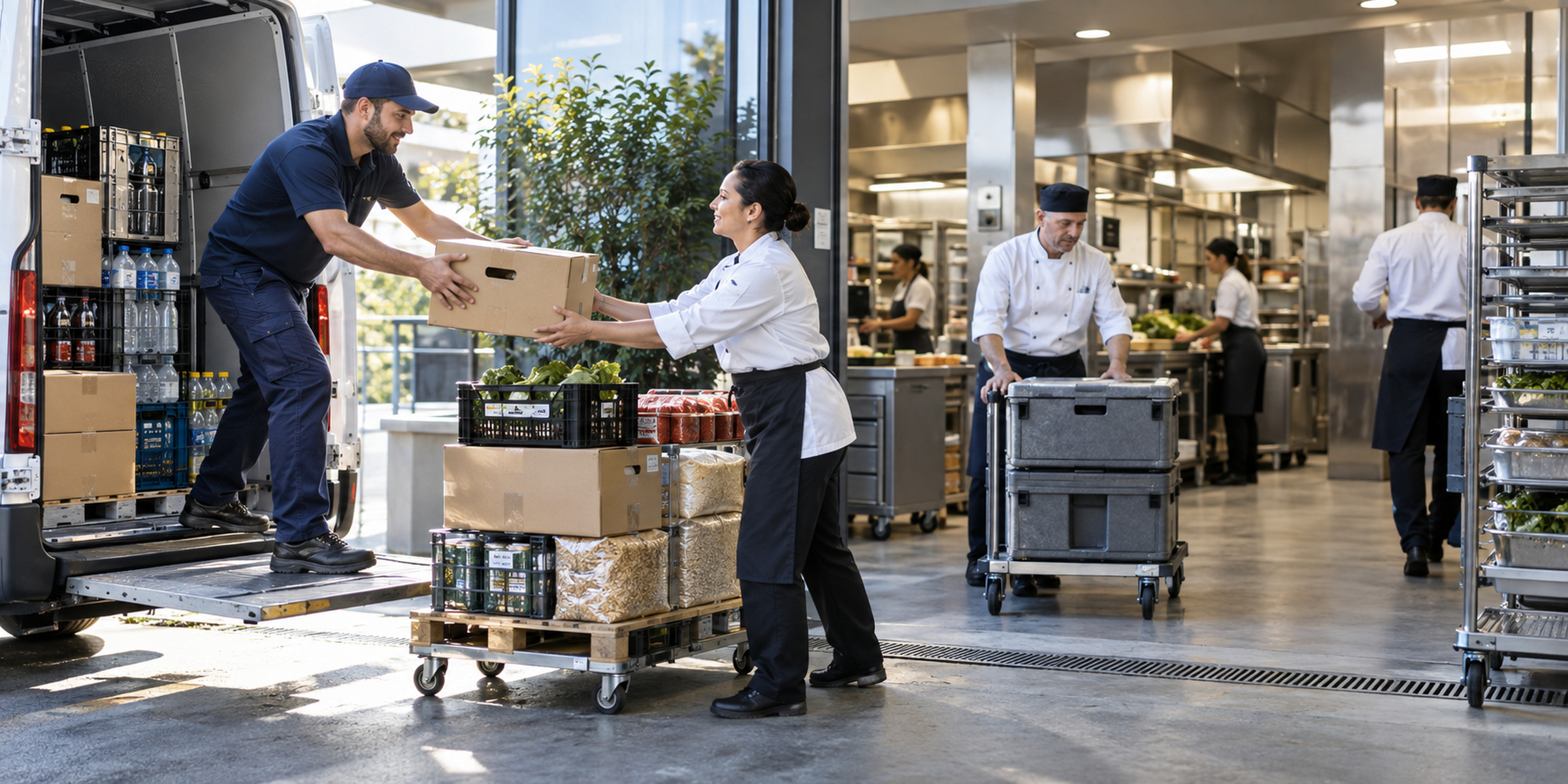 A foodservice supplier delivers packaged goods to a commercial kitchen as catering staff receive the order at the loading entrance.