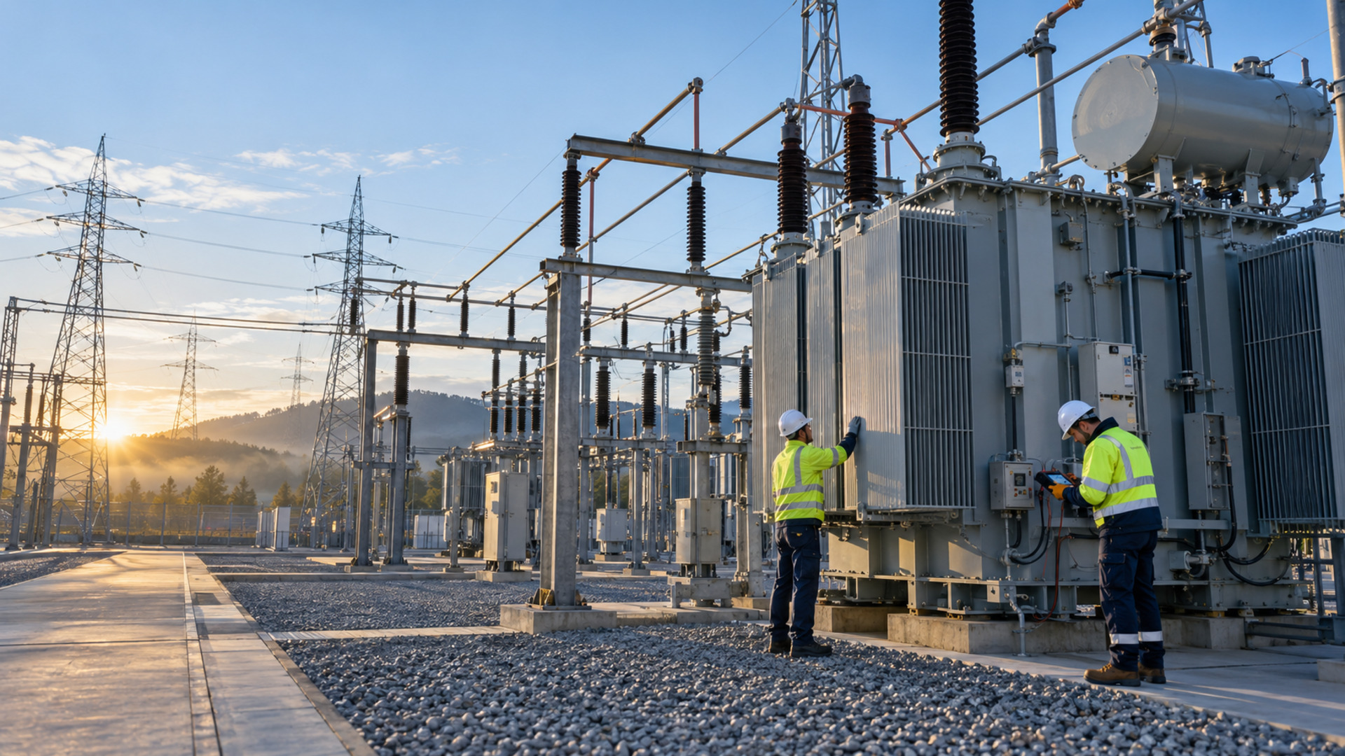 Two electricity network engineers inspect a high-voltage power transformer inside a transmission substation at sunrise.