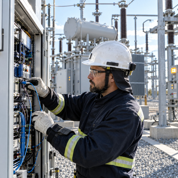 A utility technician connects diagnostic fiber to a protection cabinet inside an electrical substation, surrounded by switchgear and high-voltage equipment.