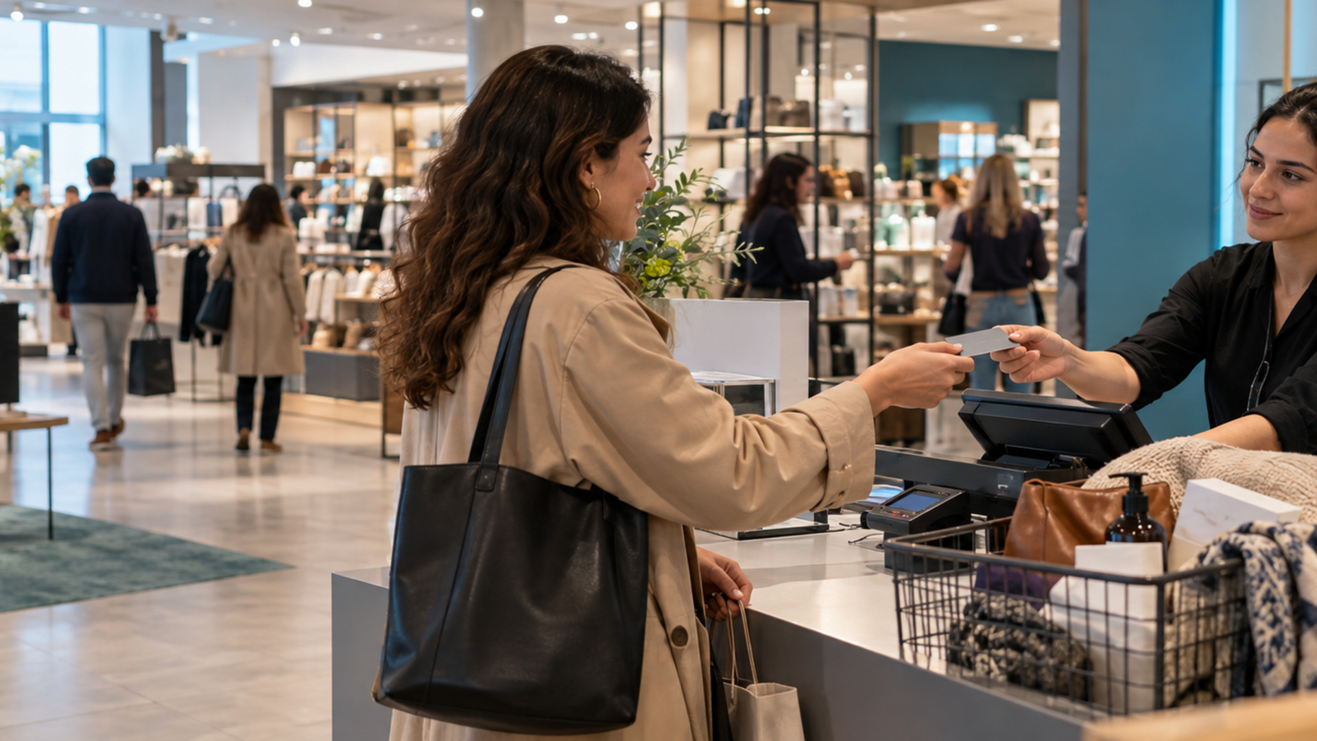A cashier hands an unbranded store card to a customer at a department store checkout, with merchandise and shoppers in the background.