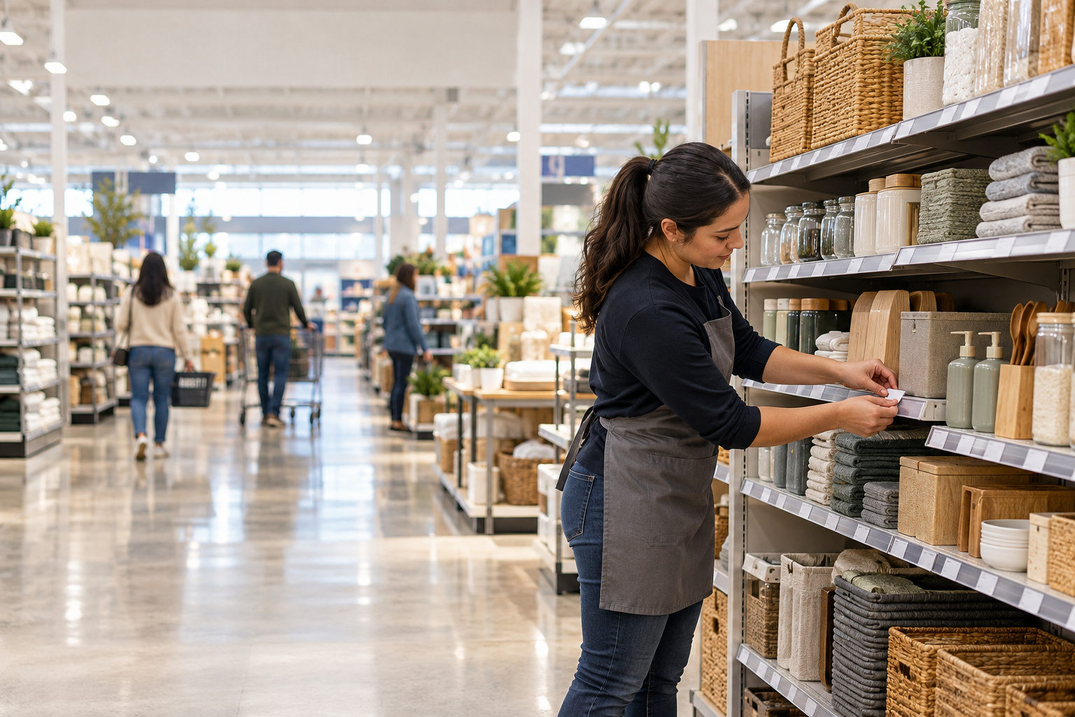 Retail employee updates shelf labels in a busy home-goods store as shoppers move through the aisle.