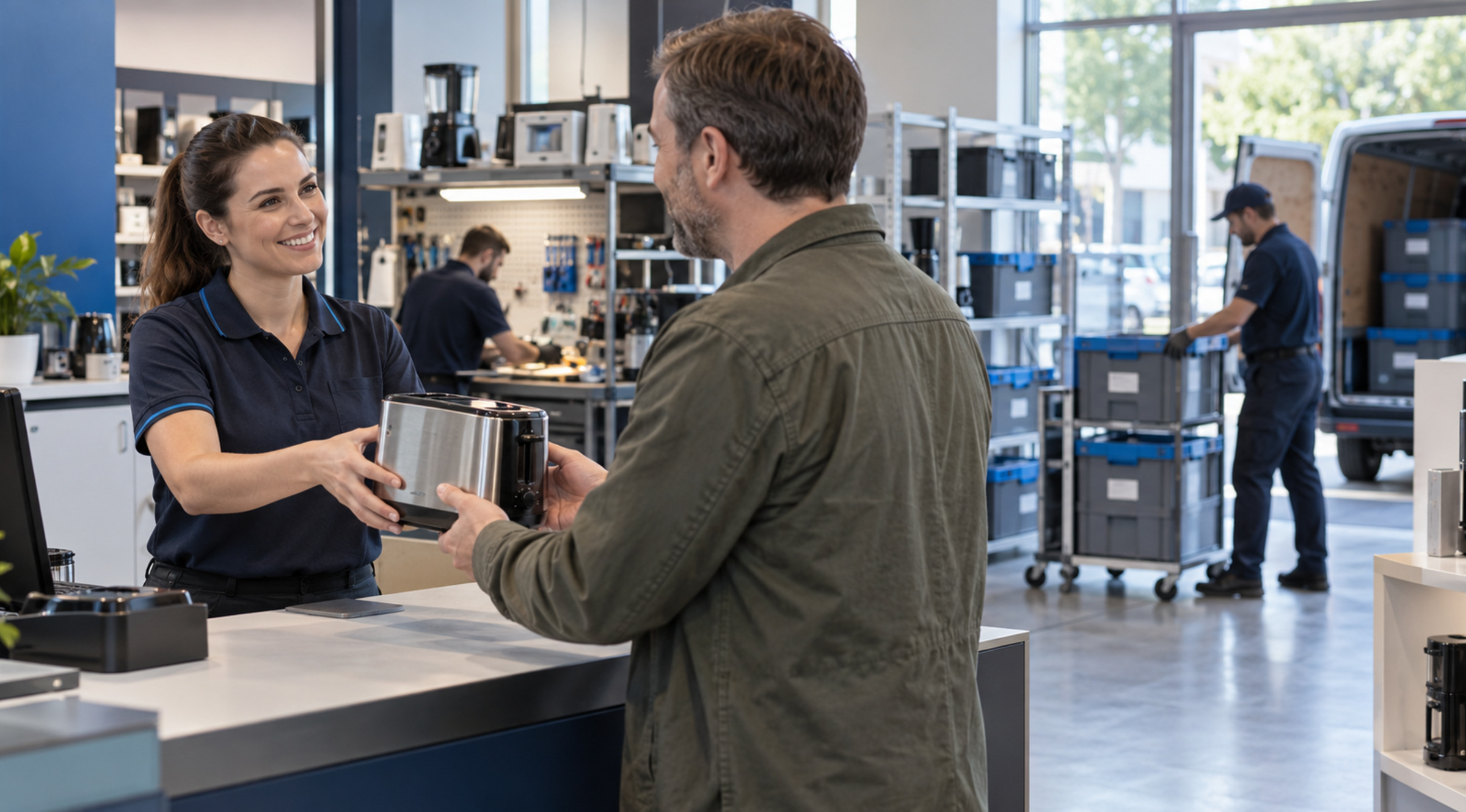 Retail service associate returning a repaired small appliance to a customer, with repair crates and a courier visible in the connected after-sales operation.