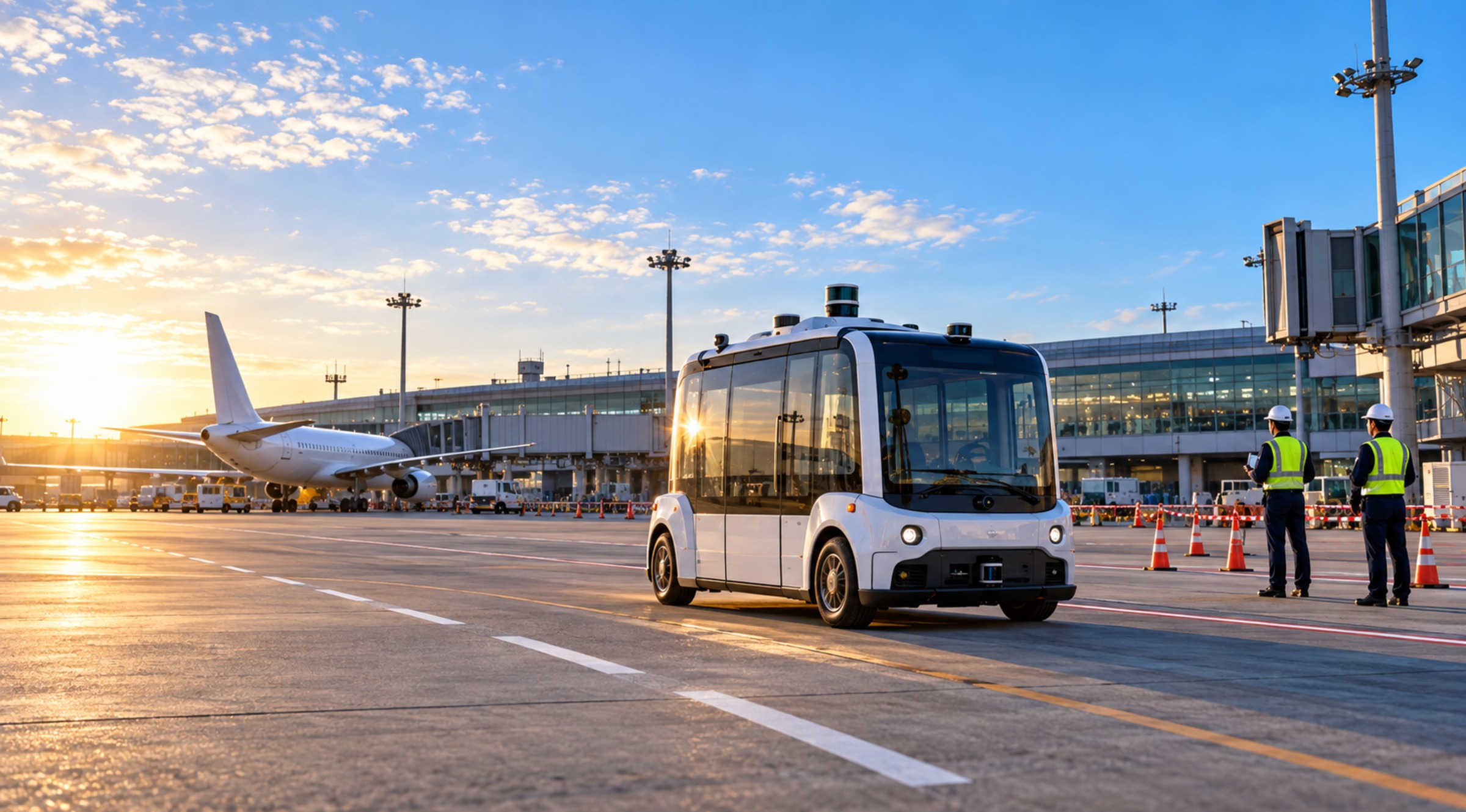 Sensor-equipped autonomous shuttle crossing a marked test route on an airport apron, with terminal buildings, an aircraft and two operations staff nearby.