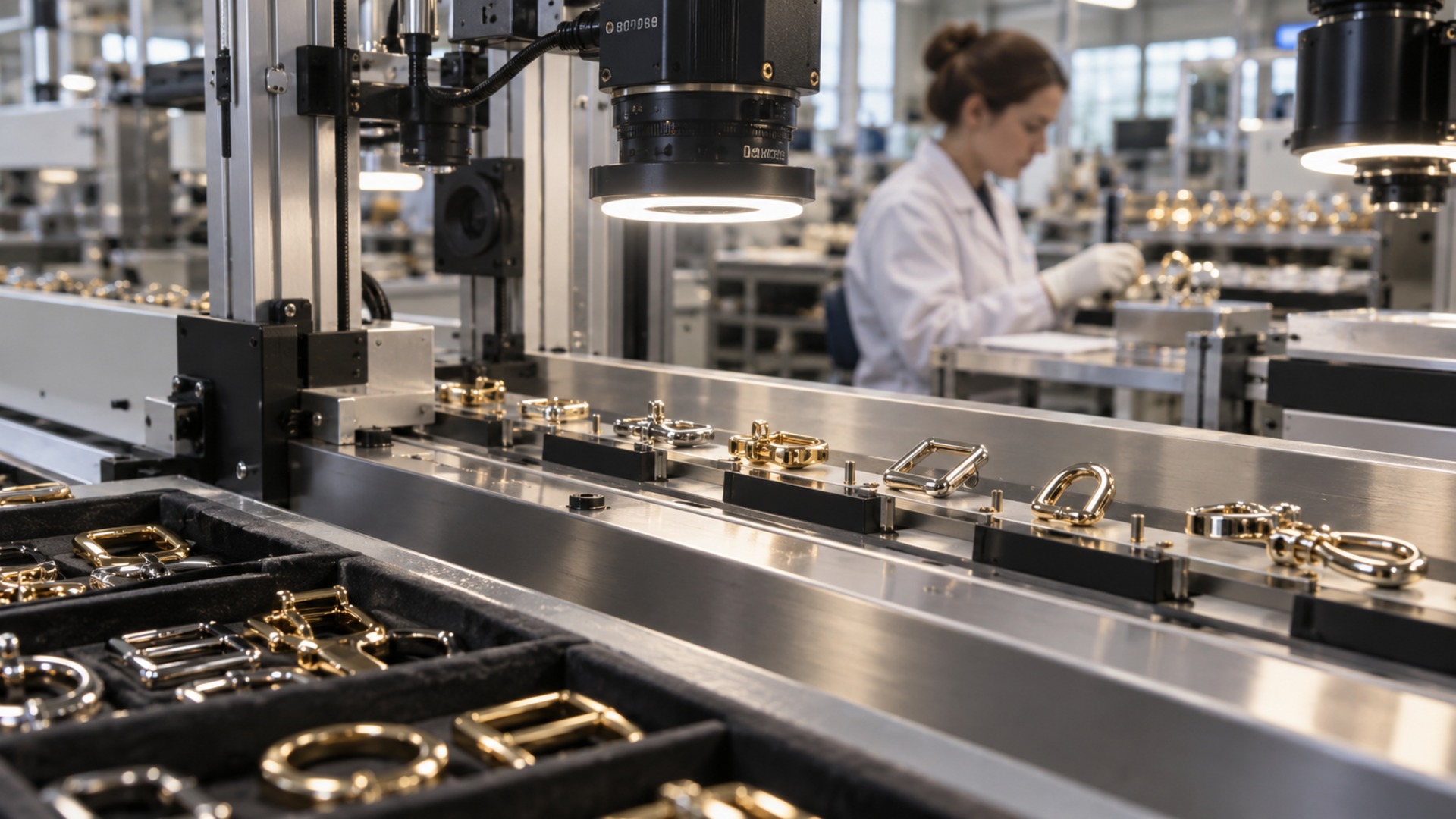Automated optical inspection cell checking polished buckles and clasps on a precision manufacturing line, with a technician working in the background.
