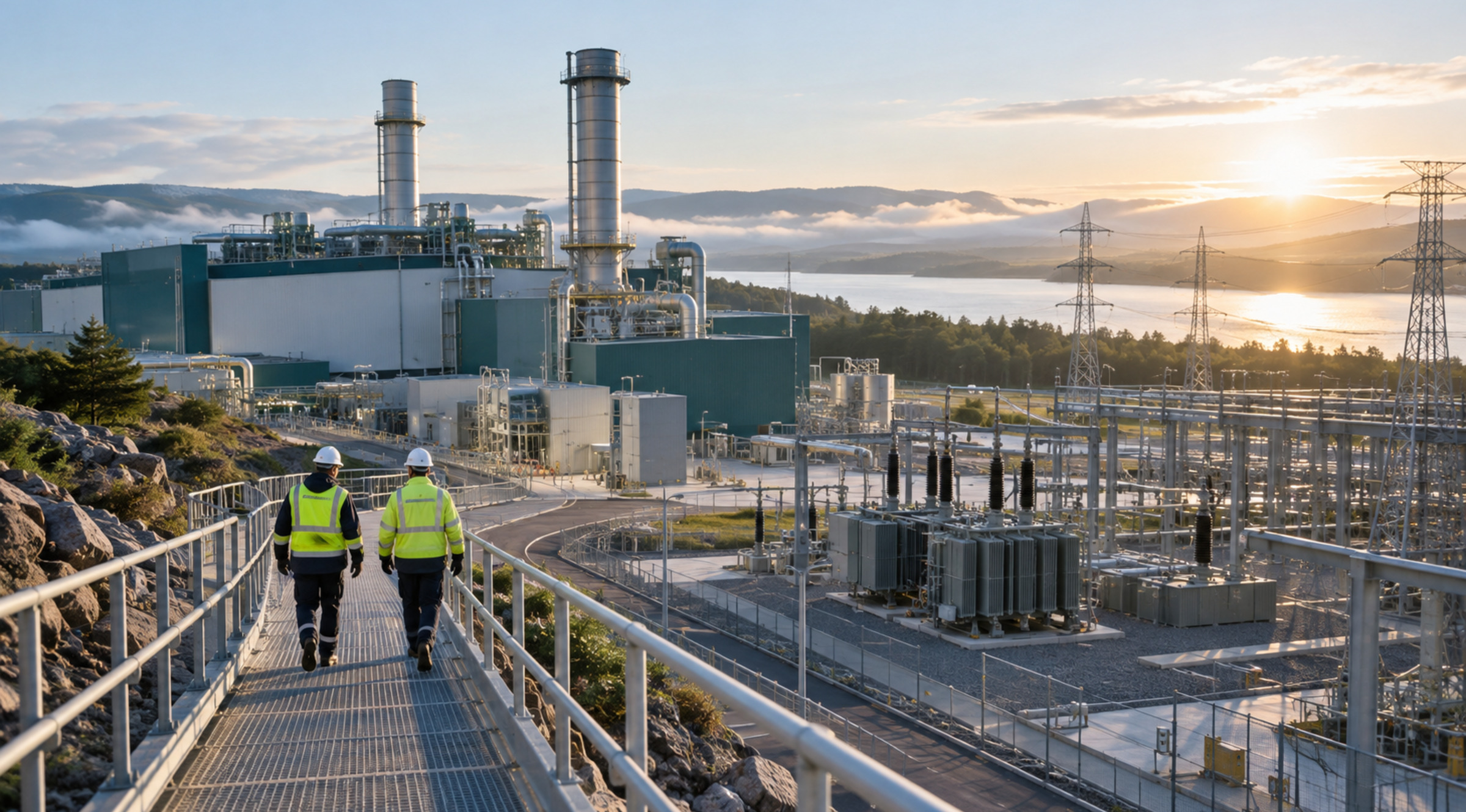 Two maintenance professionals walk through a large power generation campus with transformers, switchyard equipment and transmission lines at sunrise.