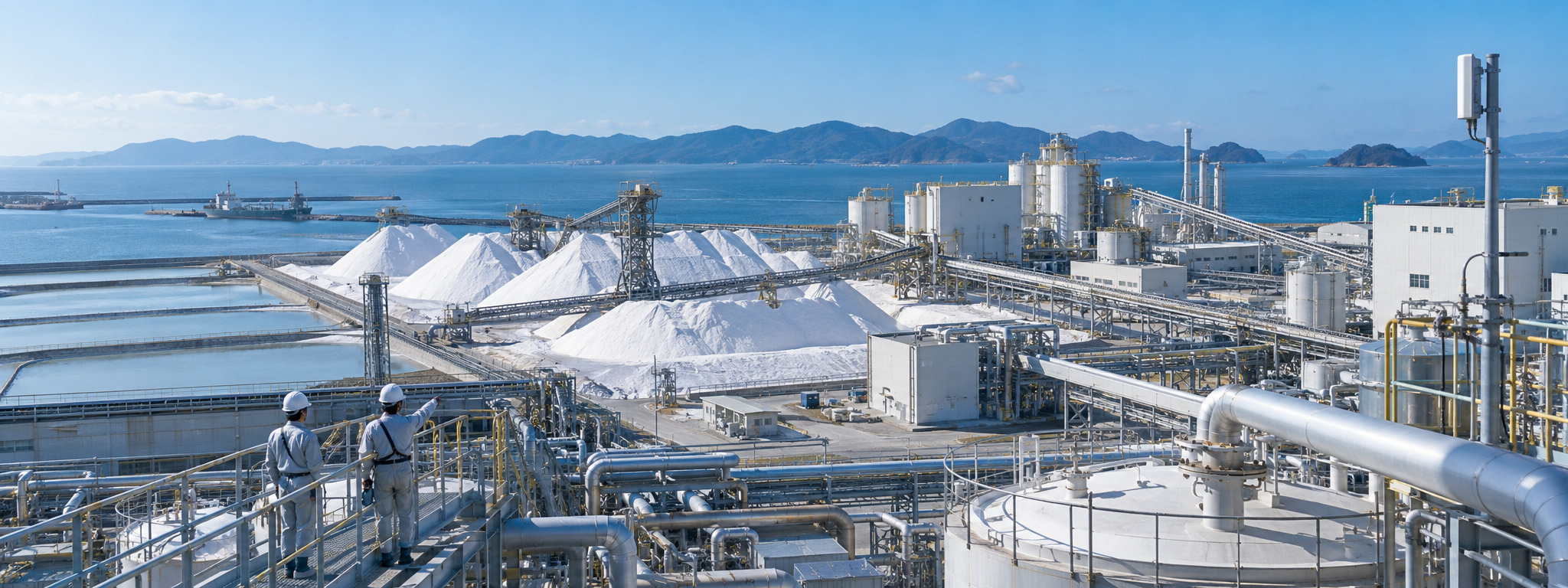 Wide view of a coastal salt manufacturing complex with salt stockpiles, processing equipment, pipelines and workers, showing the scale of the connected industrial environment