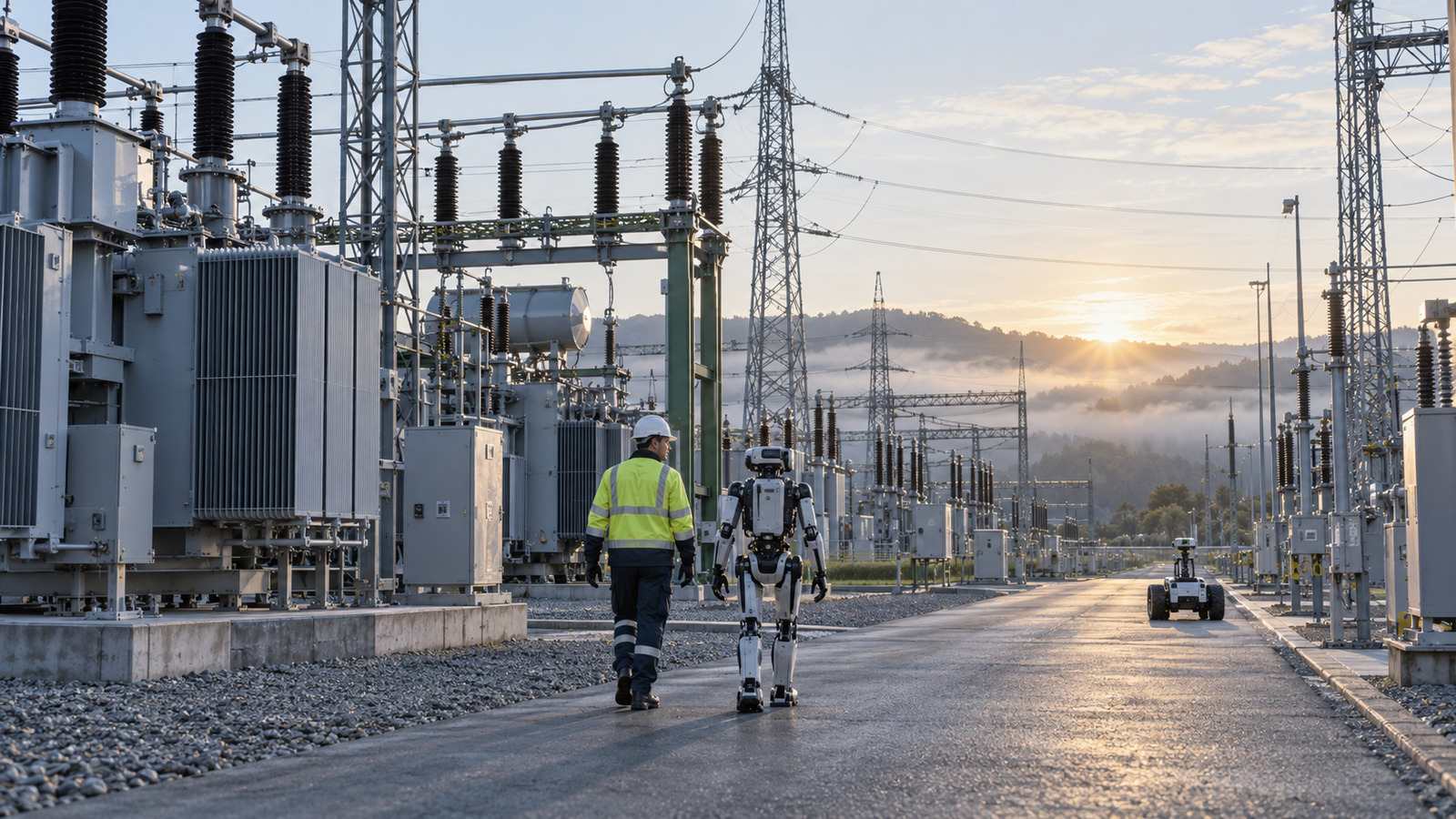A utility field engineer walks beside a humanoid inspection robot through an electrical substation, with a wheeled robot operating farther along the service lane.