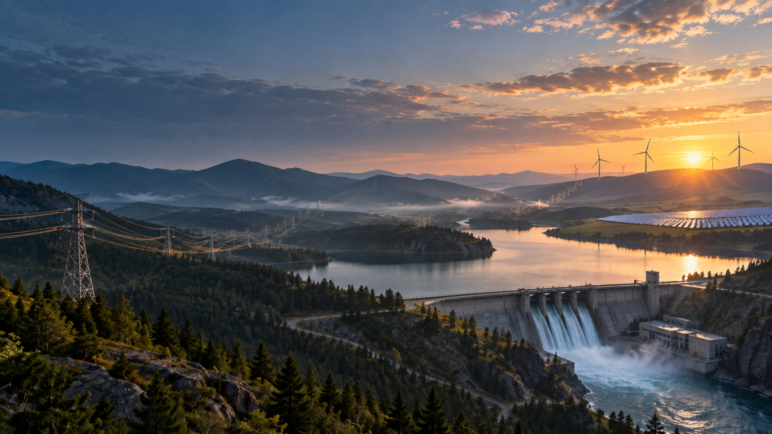 A hydroelectric dam, transmission lines, wind turbines and solar arrays across a connected utility landscape at sunrise.