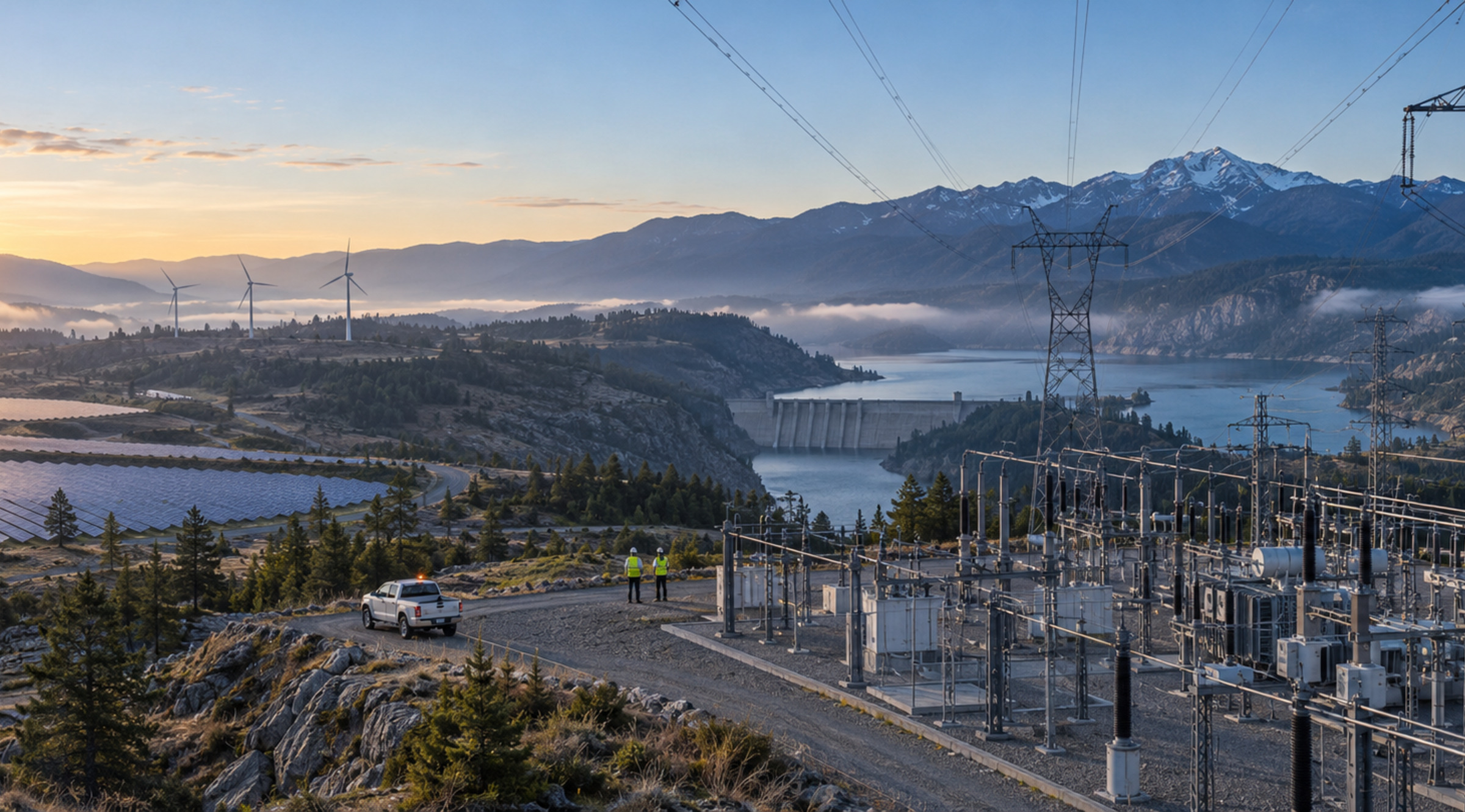 Electricity network connecting a substation, transmission lines, hydropower, solar panels and wind turbines across a mountainous utility landscape.