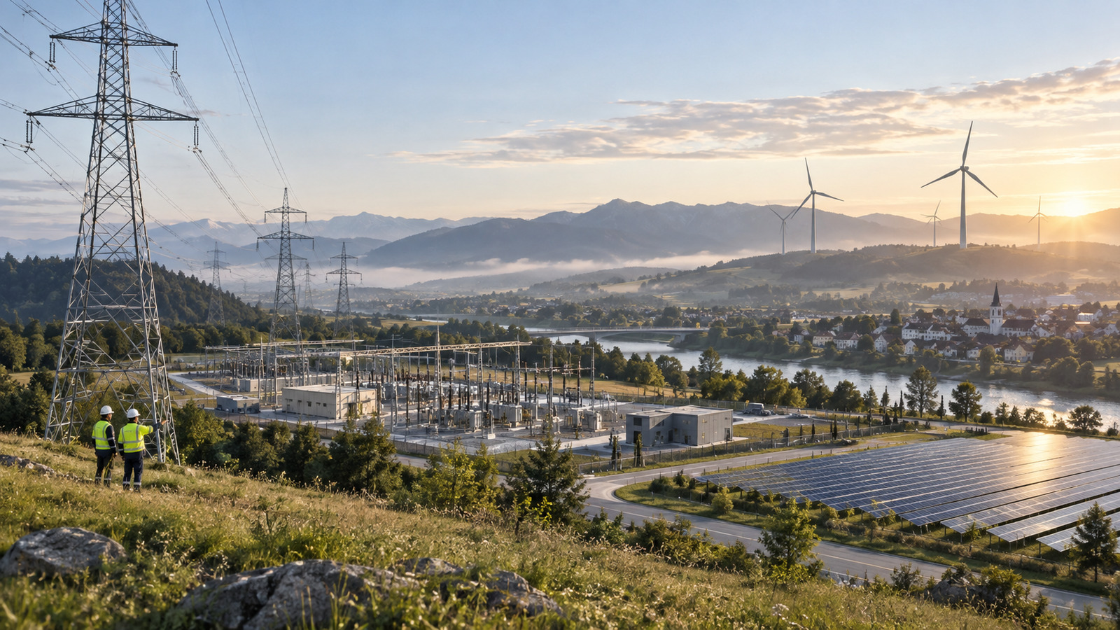 Transmission lines, a modern substation, wind turbines and solar generation connect a town within a shared utility landscape.