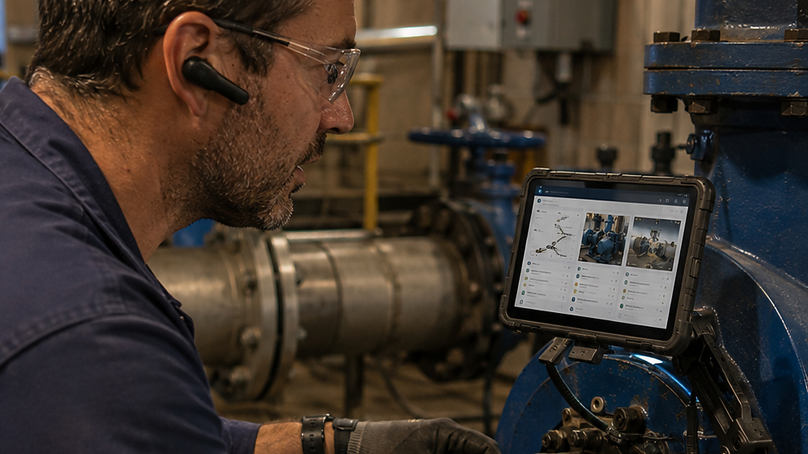 Maintenance technician uses a mounted digital interface and wireless headset while repairing a large industrial pump in a utility plant.
